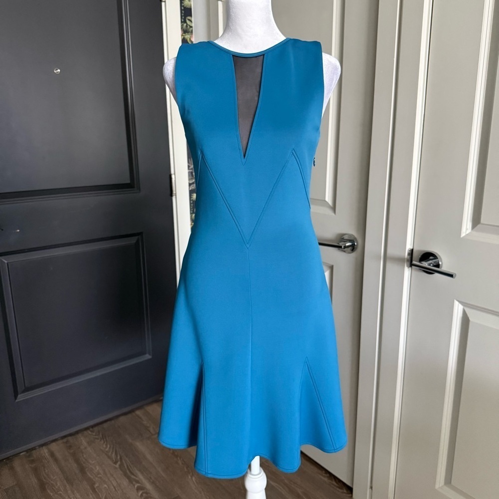 Versace Collection Blue Fit & Flare Cocktail Dress with Black Mesh Panels Size S